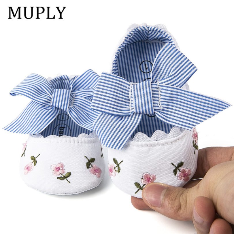 2019 Floral Embroidery Baby Shoes For Newborn Baby Girl Striped Bow First Walker Soft Soles Cute Toddler Anti-Slip Princess Shoe - Image 3