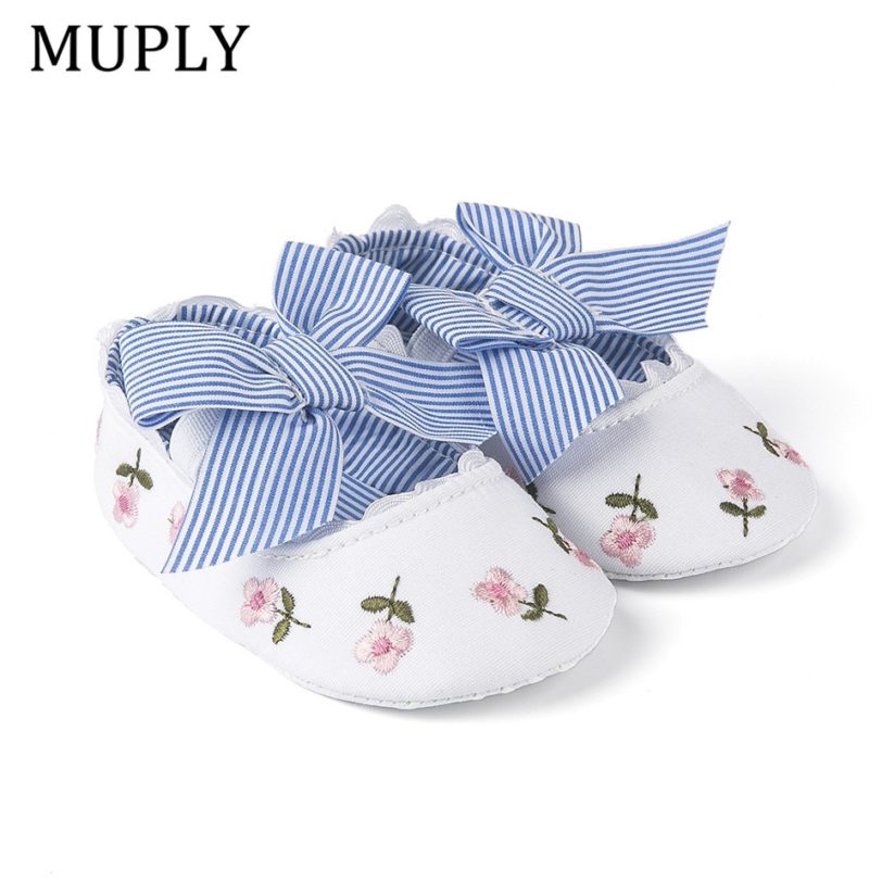 2019 Floral Embroidery Baby Shoes For Newborn Baby Girl Striped Bow First Walker Soft Soles Cute Toddler Anti-Slip Princess Shoe - Image 2