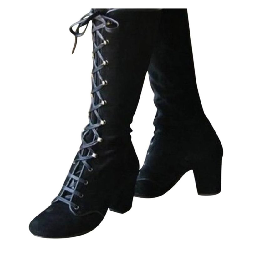 2020 Black boots women Shoes knee high Women Casual Vintage Retro Mid-Calf Boots Lace Up Thick Heels Shoes - Image 2