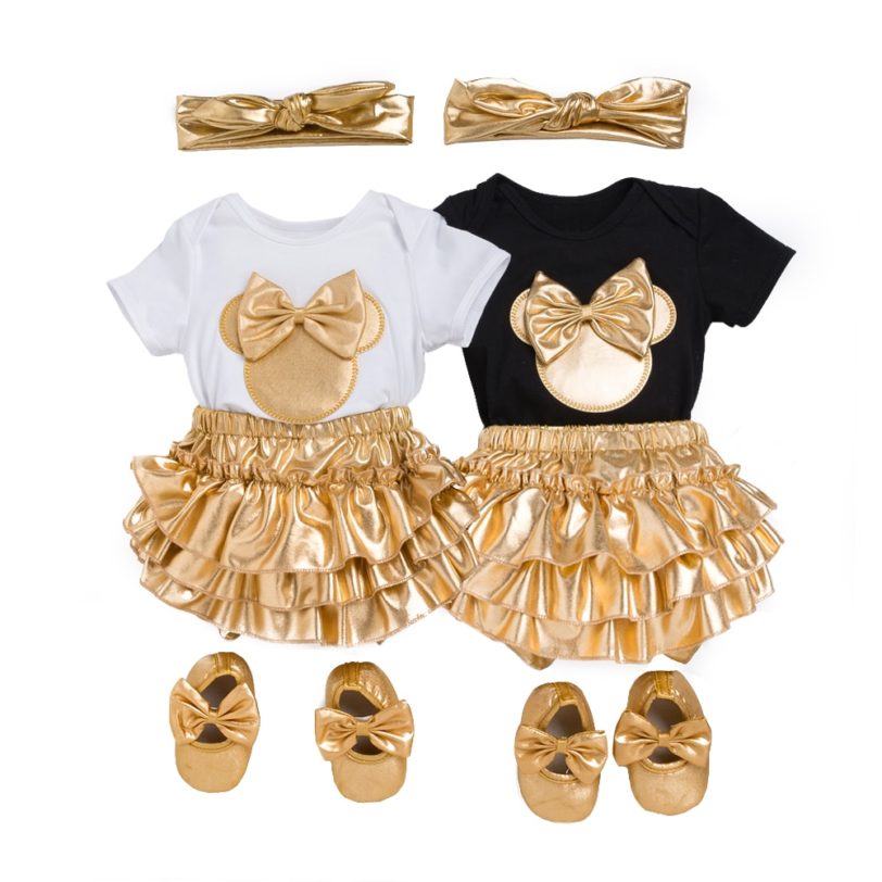 2020 New Baby Girl Clothes White Cotton Rompers and Golden Ruffles Baby Girls Tutu Skirt Shoes Headband Newborn Sets - Image 2