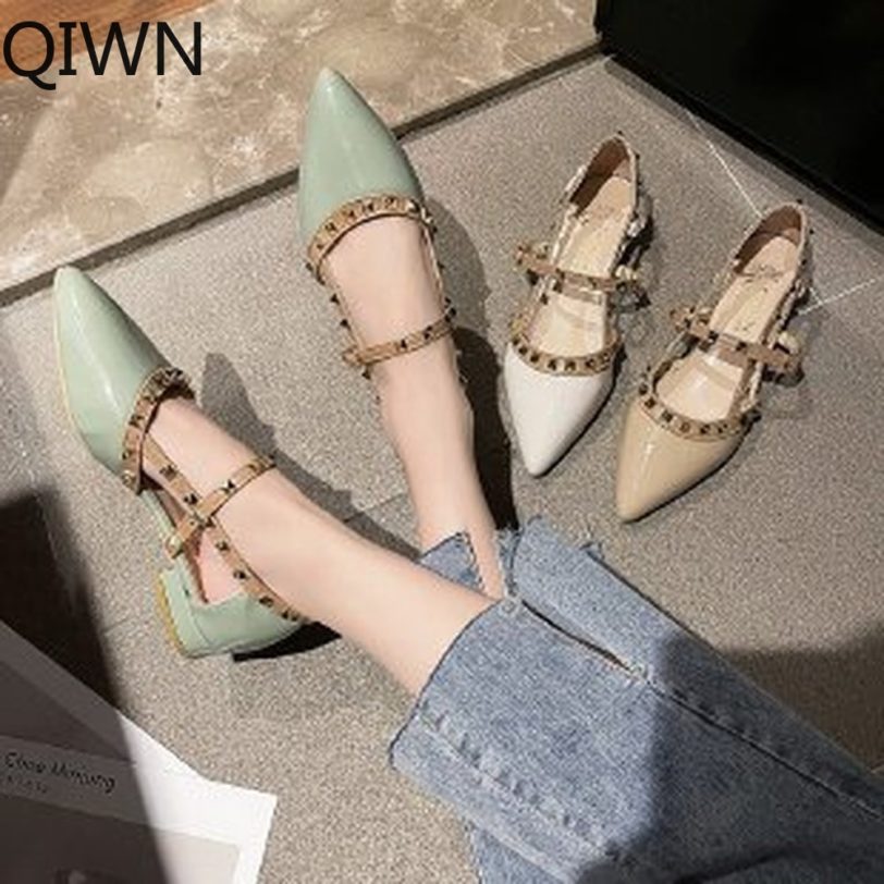 2021 Brand Women's Shoes Pointed Toe Low Heels Sandals Women Fashion Rivet Causal Dress Shoes Woman Elegant Thick Heels Shoe - Image 6