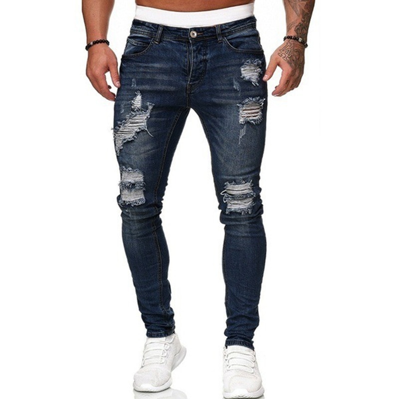 2021 Men s Jeans Cool Ripped Skinny Trousers Stretch Slim Denim Pants Large Size Hip Hop 2