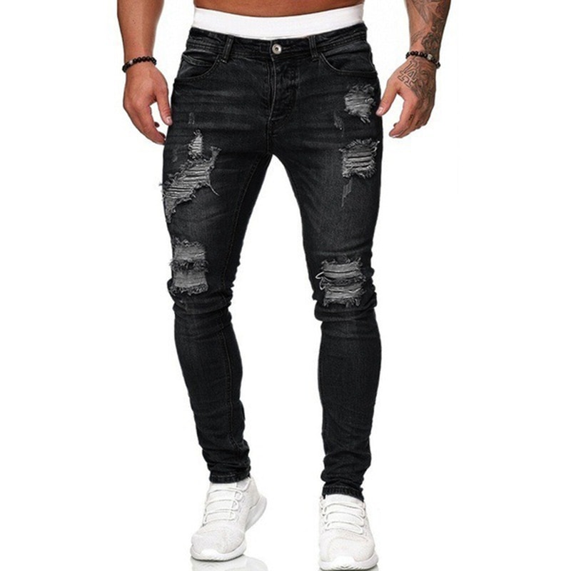 2021 Men s Jeans Cool Ripped Skinny Trousers Stretch Slim Denim Pants Large Size Hip Hop