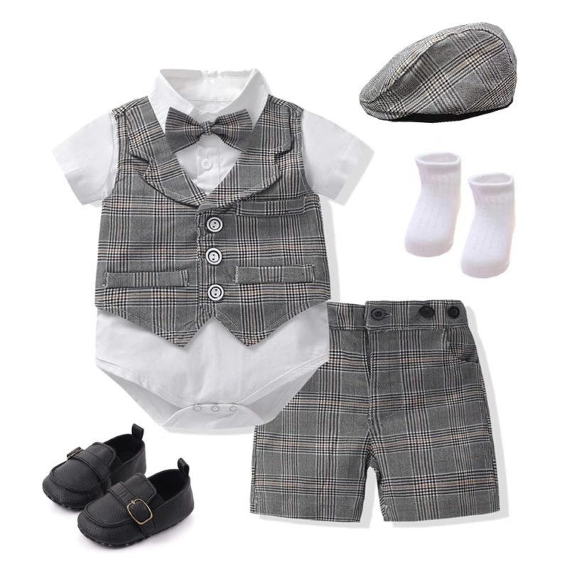 2021 New Summer Baby Clothing Newborn Boys Cotton Outfits 7 PCS/Set Formal Children Party Birthday Dresses Kids Plaid Costume - Image 3