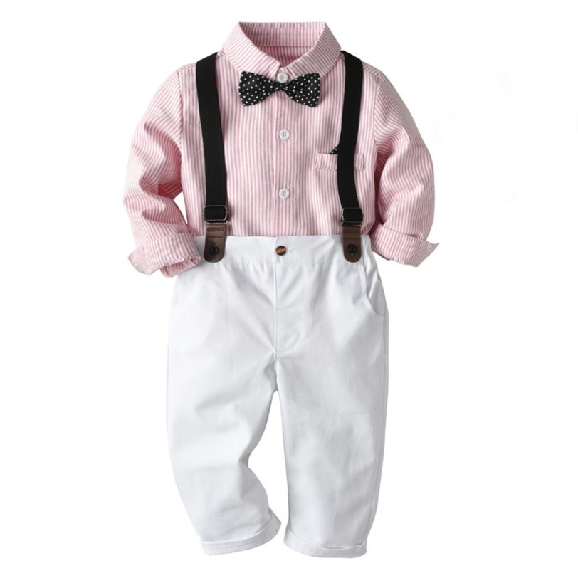 2021 Spring Children Clothes Toddler Boy Set Striped Shirt With Bow White Pants Belt 4 PCS Long-Sleeves Outfits Kids Gift - Image 4