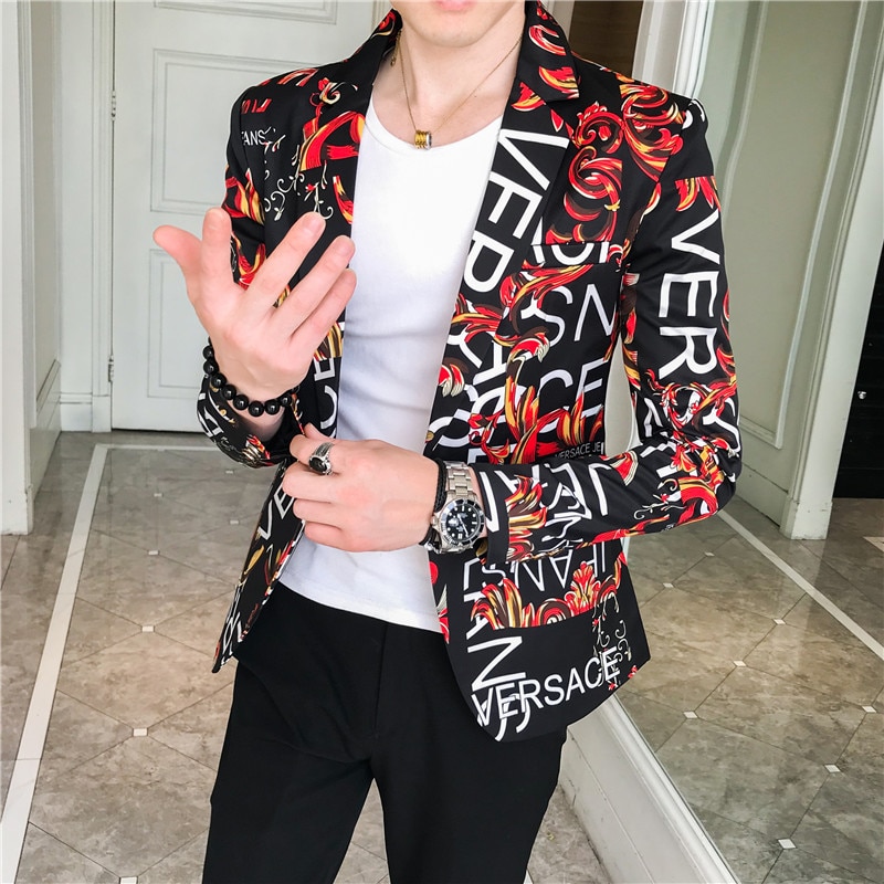 2021 Spring and Autumn Fashion New Men s Casual Letter Printing Long Sleeve Slim Suit Blazers