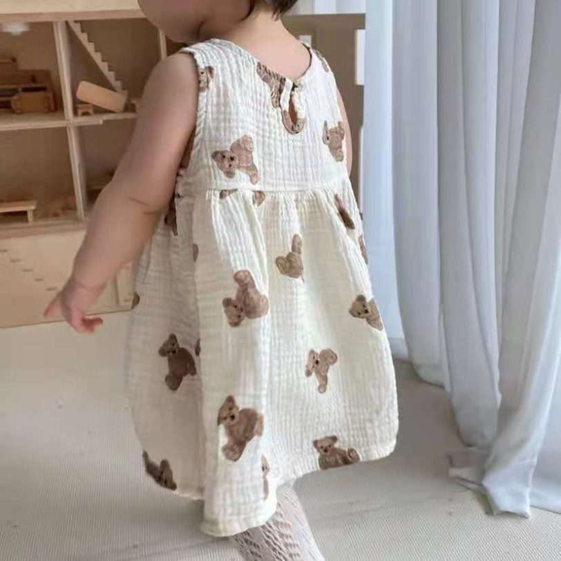 2021 Summer New Cute Bear Print Baby Clothes Boys Cotton Linen T Shirt And Shorts Set Girls Dress Baby Outfits 6M-5T Child Suit - Image 2