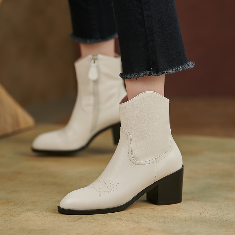 2021 new Side Zipper Ankle Boots Genuine Leather Round Toe Chunky Heels Pumps For Women Winter 1