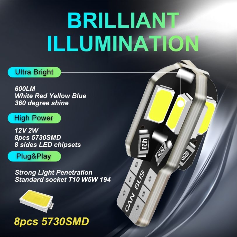 20PCS W5W T10 LED Bulbs Canbus 5730 8SMD 12V 6000K 194 168 LED Car Interior Map Dome Lights Parking Light Auto Signal Lamp - Image 2