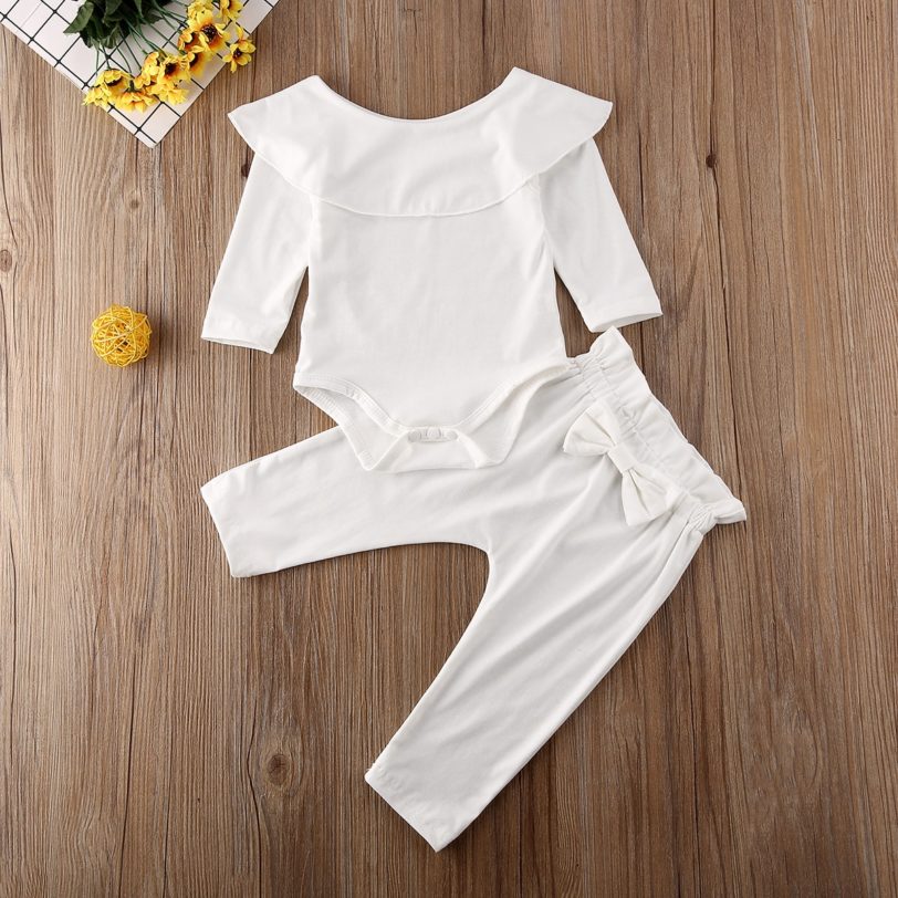 2Pcs Toddler Kids Baby Girl Ruffle Bodysuit Romper Top Solid Bowknot Pants Trousers Autumn Cotton Long Sleeve Outfit Clothes Set - Image 6