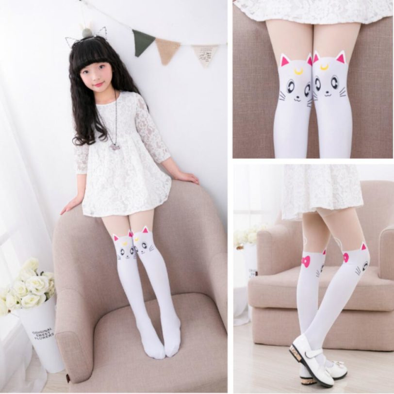 4 To 14 Year Children's Kids Girls Thin Tights Pantyhose Knee Fake Tattoo Velvet Stocking white Cartoon Kitty Cat Girl Tights - Image 2