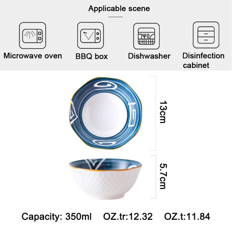 5 Inch Ceramic Bowl Set Salad Rice Soup Noodle Syrup Bowls Japanese Style Non-Slip Porcelain Tableware Relief Underglaze Color - Image 2