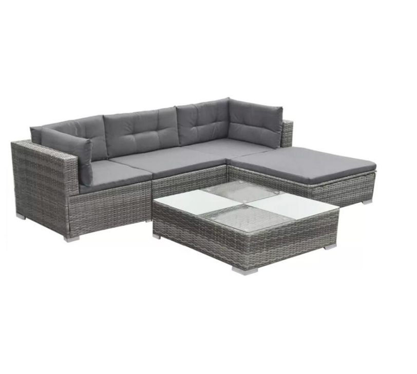 5pcs Garden Furniture Lounge Set with Cushion Weatherproof PE Corner Sofa Centre Sofa Coffee Table Stool 1