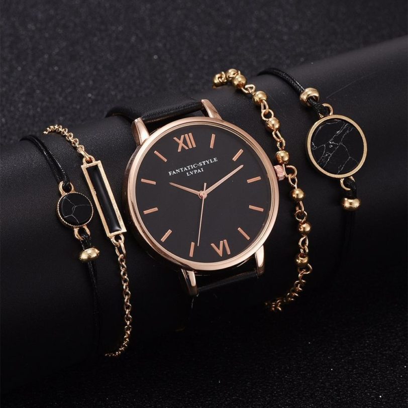 5pcs Set Top Style Fashion Women's Luxury Leather Band Analog Quartz WristWatch Ladies Watch Women Dress Reloj Mujer Black Clock - Image 2