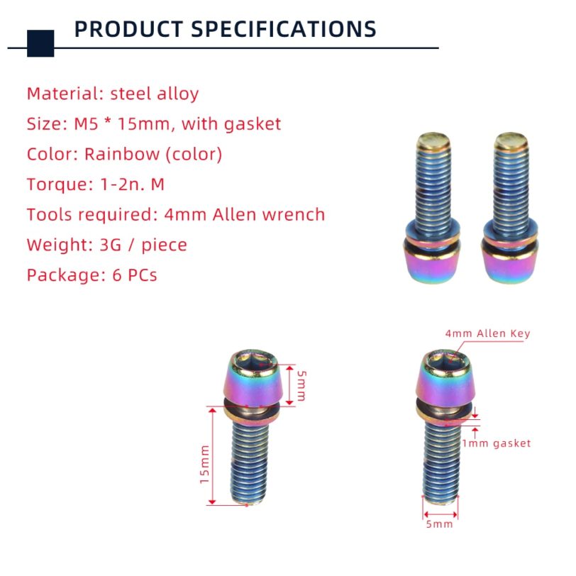 6pcs TANKE M5 * 18 15mm Bolt Screw with gasket For MTB Road Bicycle Stem and bottle rack Rainbow - Image 2