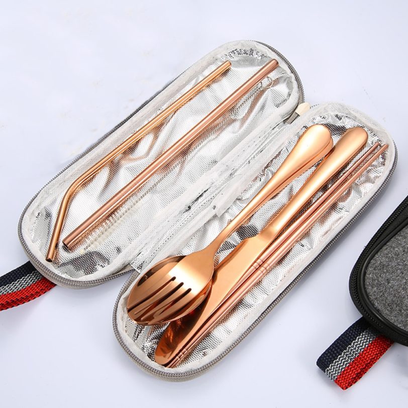 8Pcs/set Tableware Reusable Travel Cutlery Set Camp Utensils Set with stainless steel Spoon Fork Chopsticks Straw Portable case - Image 4