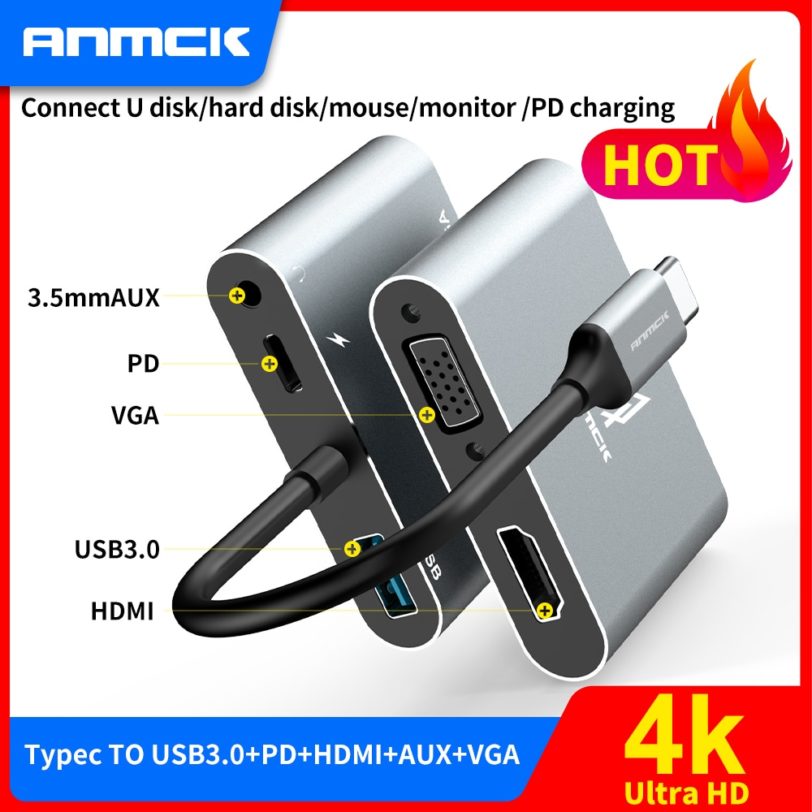 Anmck USB C 4k Type c to Adapter VGA USB3.0 HDMI-compatible Audio video Converter PD 87W Fast charger for Macbook pro Samsung s9 - Image 5