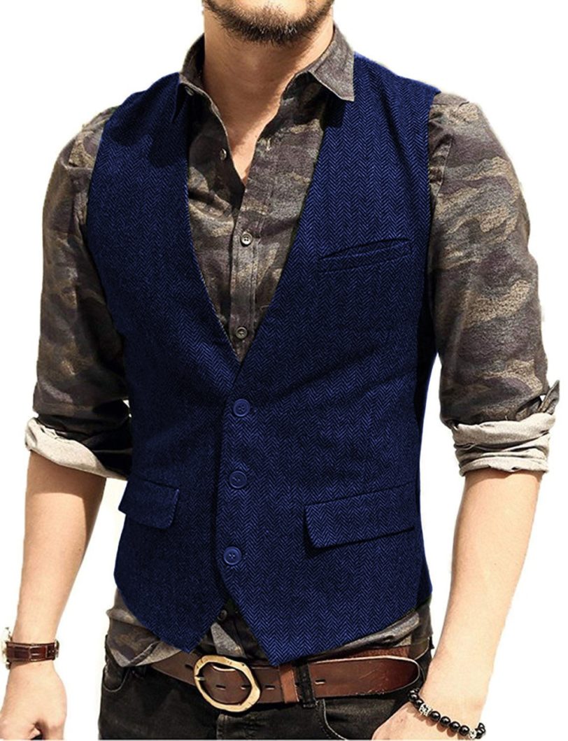 Army Green Mans Suit Vest Waistcoat V Neck Wool Herringbone Tweed Waistcoat Jacket Slim Fit Gilet Casual Groomman For Wedding - Image 4