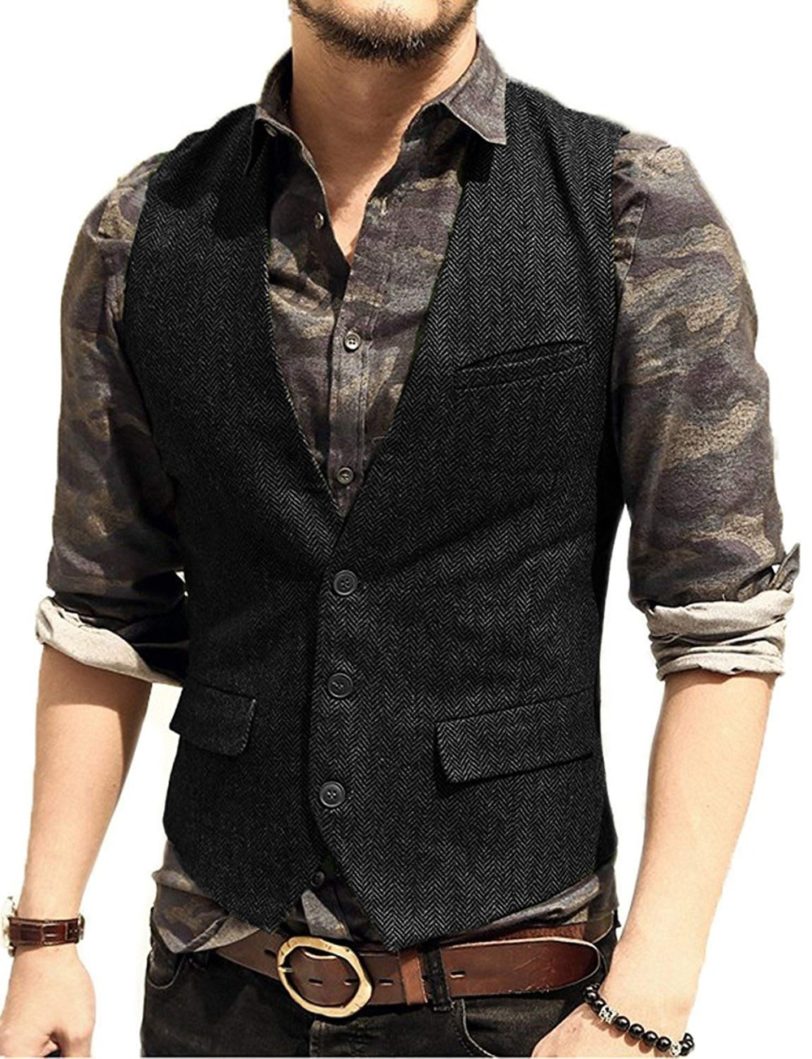 Army Green Mans Suit Vest Waistcoat V Neck Wool Herringbone Tweed Waistcoat Jacket Slim Fit Gilet Casual Groomman For Wedding - Image 6