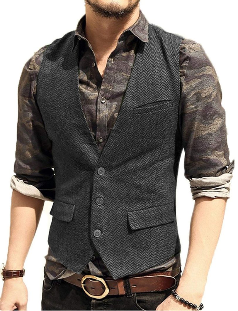 Army Green Mans Suit Vest Waistcoat V Neck Wool Herringbone Tweed Waistcoat Jacket Slim Fit Gilet Casual Groomman For Wedding - Image 2