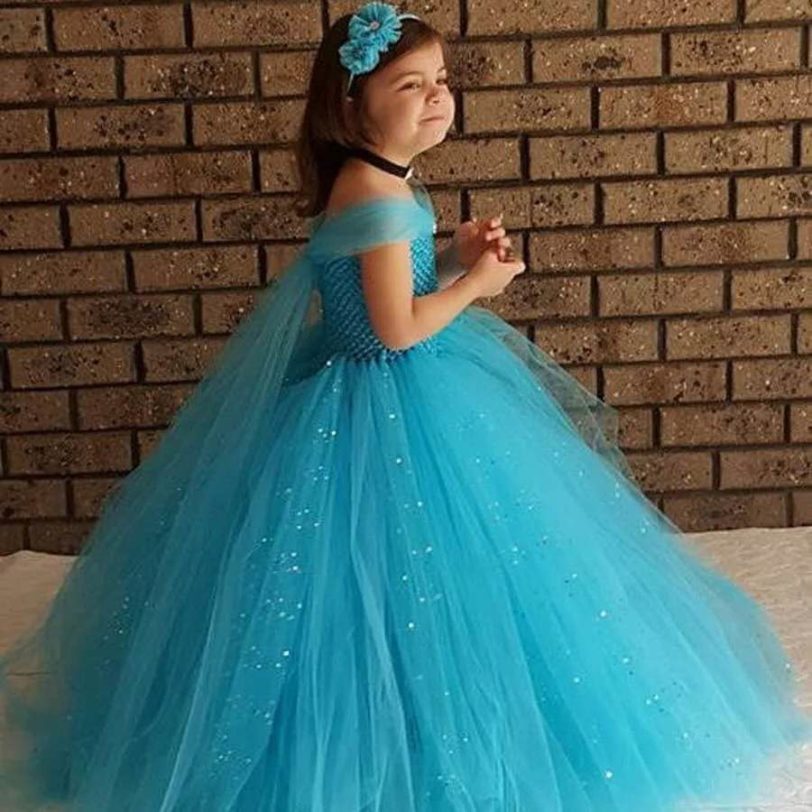 Baby Girls Glitter Blue Princess Tutu Dress Kids Crochet Tulle Dress Ball Gown with Hairbow Children Birthday Party Dresses - Image 3