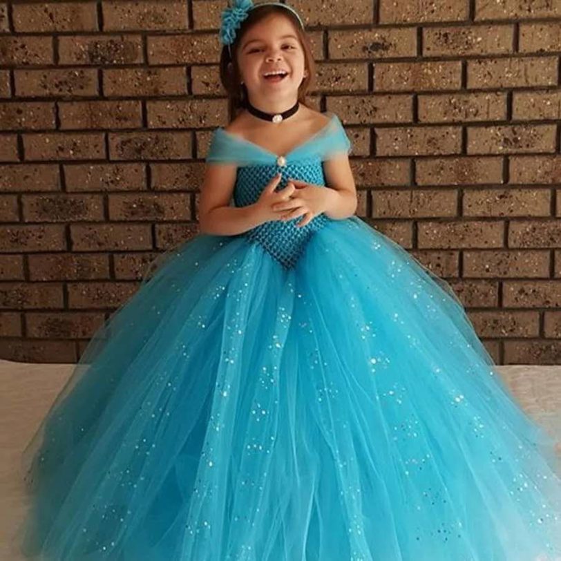 Baby Girls Glitter Blue Princess Tutu Dress Kids Crochet Tulle Dress Ball Gown with Hairbow Children Birthday Party Dresses - Image 2