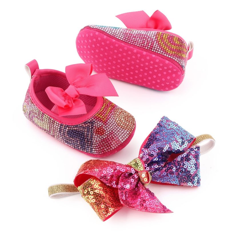 Baby Girls Shoes Bling Rhinestone Newborn Infant Footwear Toddler Flats for 1 Year Old Christian Doll Gifts with Headband a Sets - Image 2