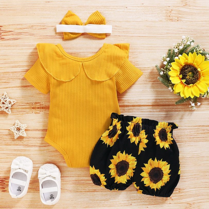 Baby Summer Clothing Girl Floral Clothes Kids Short Sleeve Romper Newborn Jumpsuit Girls Sunflower Tutu Shorts 3Pcs Outfits Set - Image 2