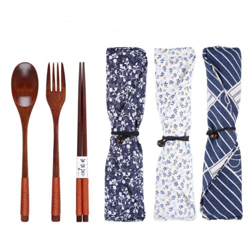 Basedidea Japan Style Wooden Tableware Set Spoon Fork Chopsticks with Storage Case Travel Cutlery Set