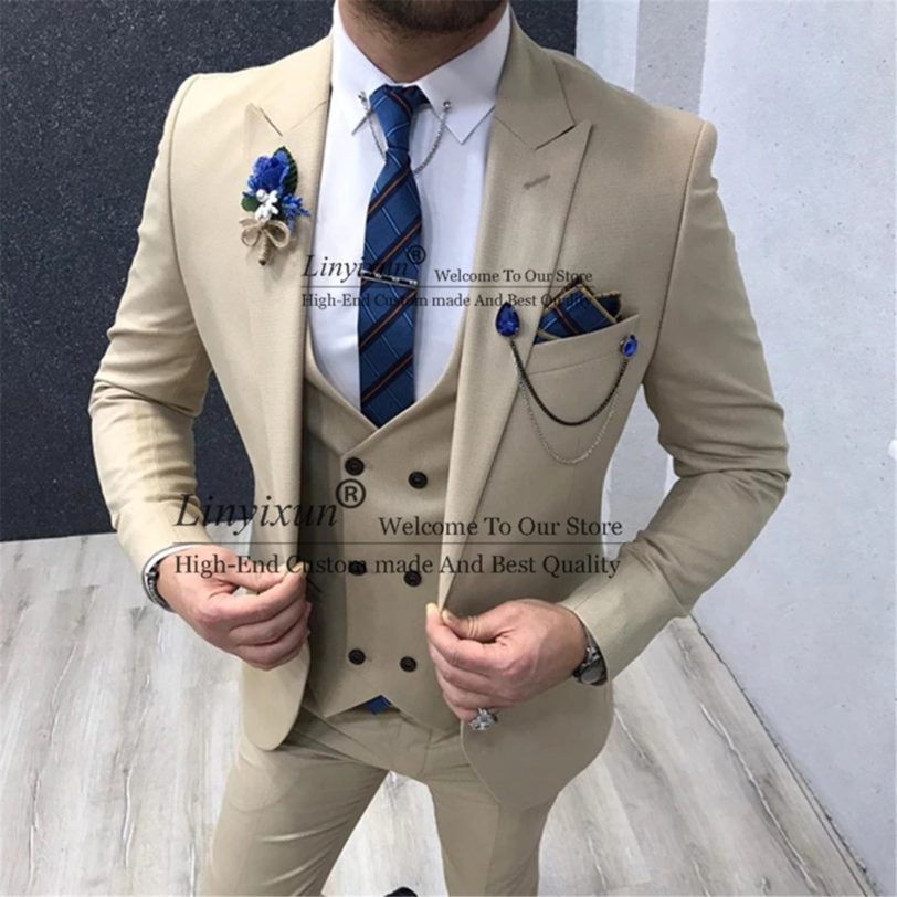 Begie Slim Fit Men Suits For Wedding 2021 Blazer Formal Clothes Peaked Lapel Groom Tuxedos Male 3 Pieces Set (Jacket Pants Vest) - Image 2