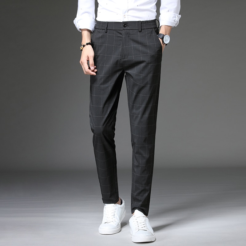 Brand Fashion High Quality Men Pants Straight Long Classic Business Summer Thin England Stripe Plaid Casual