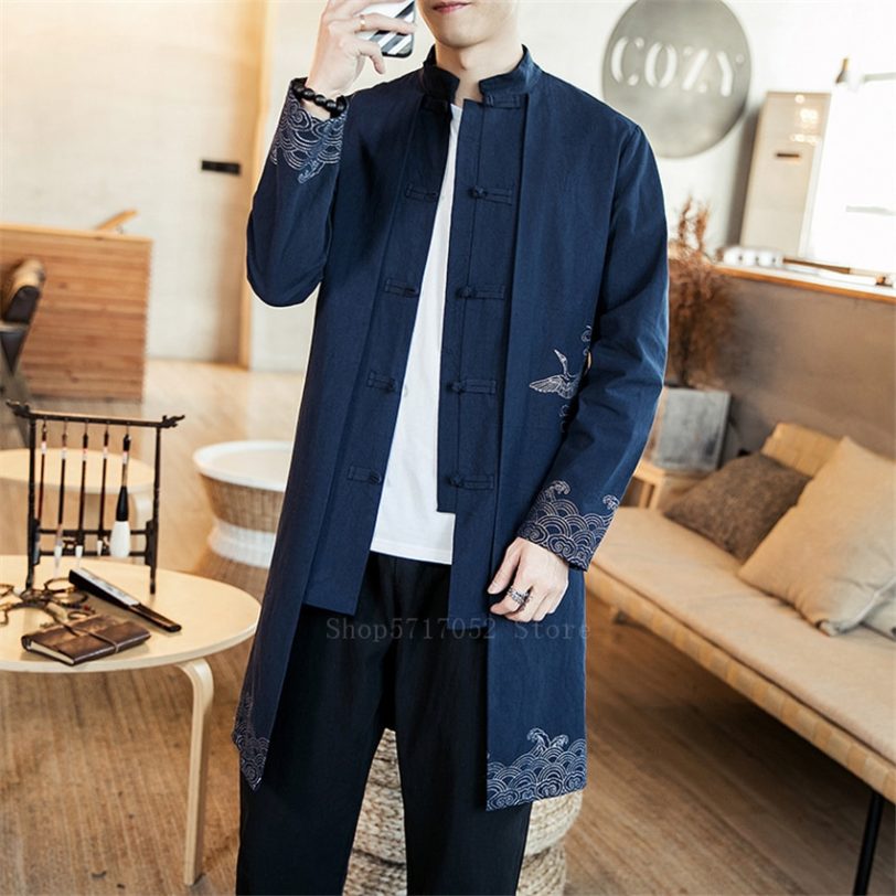 Casual Man Traditional Chinese Tops Retro Embroidery Tang Suit 2020 New Linen Shirts Male Long Jacket Plus Size Waves Crane Coat - Image 4