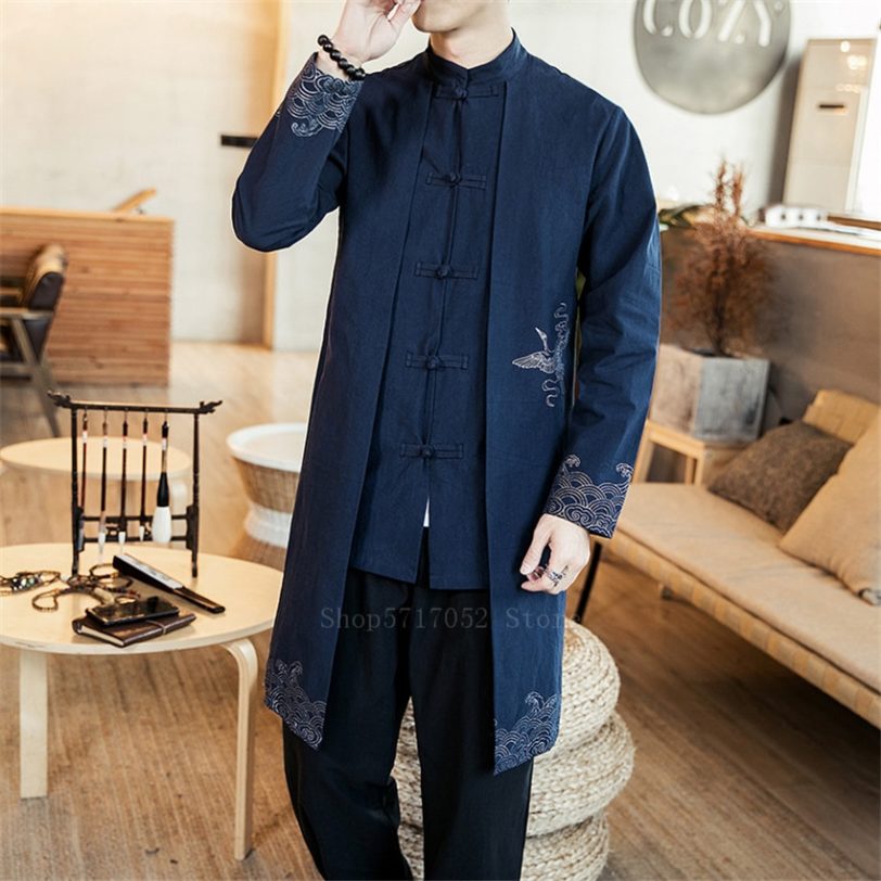 Casual Man Traditional Chinese Tops Retro Embroidery Tang Suit 2020 New Linen Shirts Male Long Jacket Plus Size Waves Crane Coat - Image 5