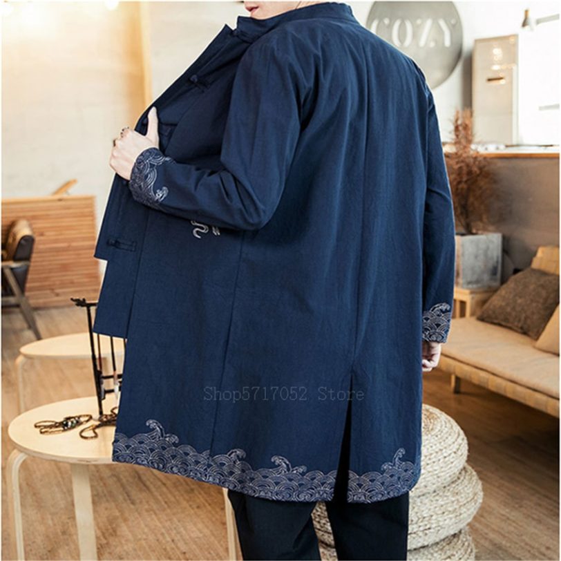 Casual Man Traditional Chinese Tops Retro Embroidery Tang Suit 2020 New Linen Shirts Male Long Jacket Plus Size Waves Crane Coat - Image 6