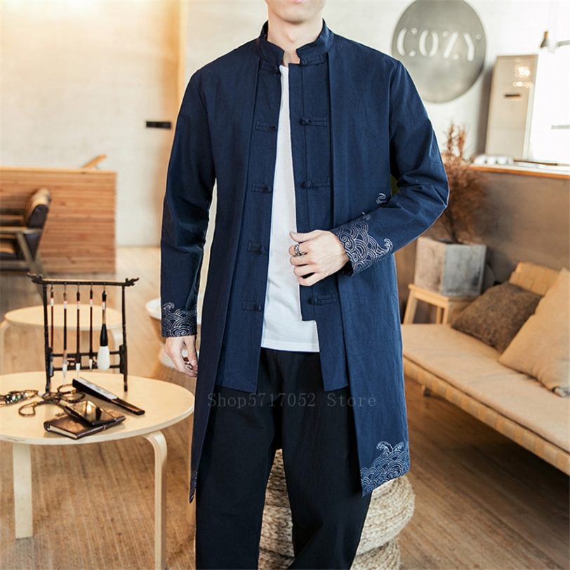 Casual Man Traditional Chinese Tops Retro Embroidery Tang Suit 2020 New Linen Shirts Male Long Jacket Plus Size Waves Crane Coat - Image 2