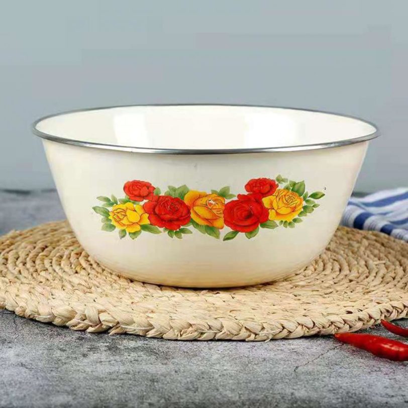 Clear Pattern Enamel Bowl with Lid Nostalgic Chinese Style Salad Bowls Dinner Soup Basin Wrapping Edge 1