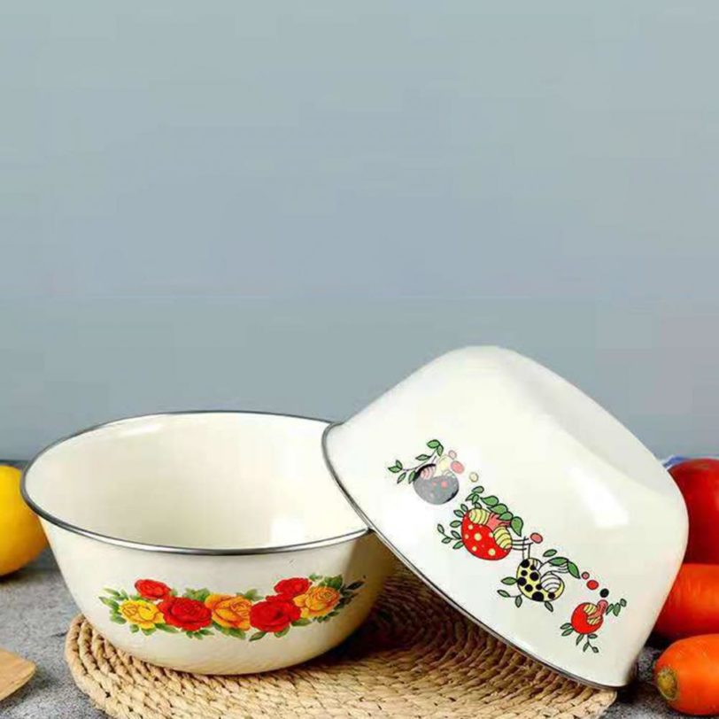 Clear Pattern Enamel Bowl with Lid Nostalgic Chinese Style Salad Bowls Dinner Soup Basin Wrapping Edge 4