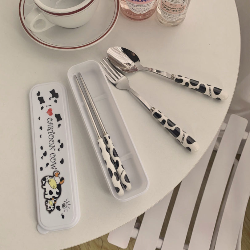 Cow Pattern Stainless Steel Fork Spoon Chopsticks Set Korean Ins Student Single Portable Tableware Travel Box Forks Spoon Set - Image 5