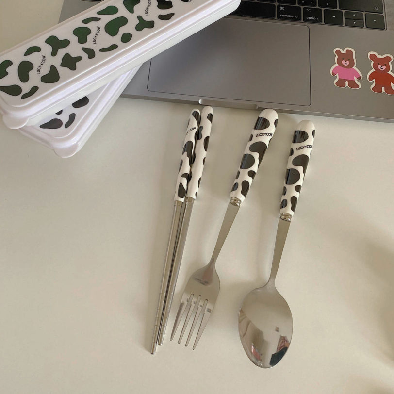 Cow Pattern Stainless Steel Fork Spoon Chopsticks Set Korean Ins Student Single Portable Tableware Travel Box Forks Spoon Set - Image 2