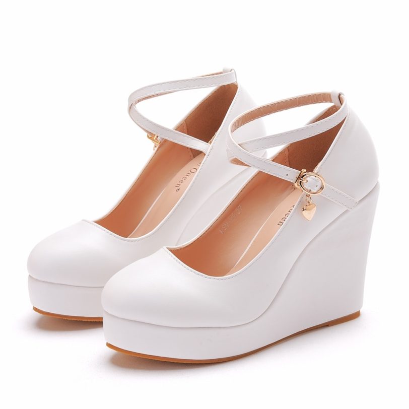 Crystal Queen White Platform Wedges Pumps Women High Heels Shoes Round Toe Cross Ankle-Strap Large Sizes - Image 5