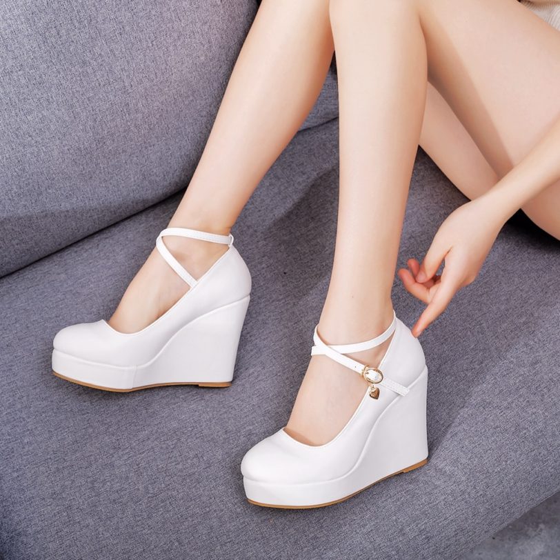 Crystal Queen White Platform Wedges Pumps Women High Heels Shoes Round Toe Cross Ankle-Strap Large Sizes - Image 6