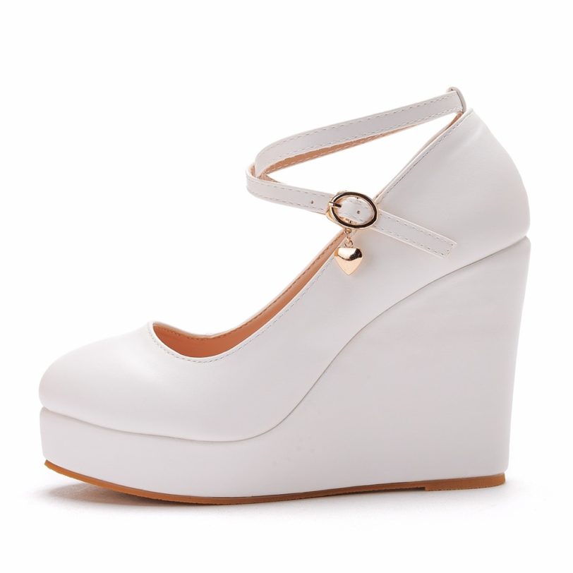 Crystal Queen White Platform Wedges Pumps Women High Heels Shoes Round Toe Cross Ankle-Strap Large Sizes - Image 2