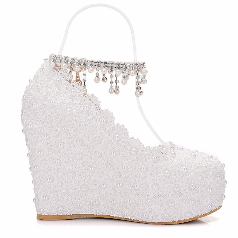 Crystal Queen White Wedges Wedding Pumps Sweet White Flower Lace Pearl Platform Pump Shoes Bride Dress High Heels - Image 4