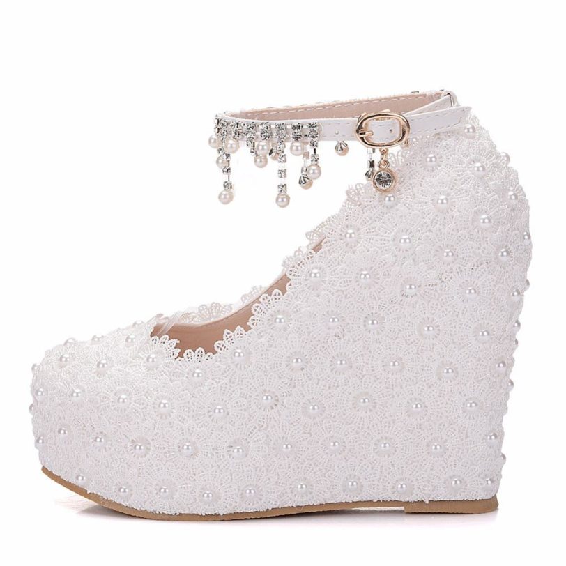 Crystal Queen White Wedges Wedding Pumps Sweet White Flower Lace Pearl Platform Pump Shoes Bride Dress High Heels - Image 5