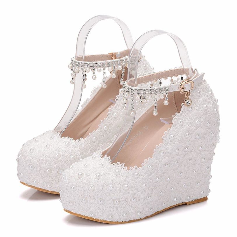 Crystal Queen White Wedges Wedding Pumps Sweet White Flower Lace Pearl Platform Pump Shoes Bride Dress High Heels - Image 6