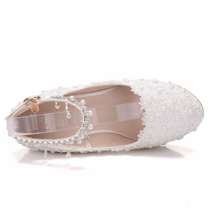 Crystal Queen White Wedges Wedding Pumps Sweet White Flower Lace Pearl Platform Pump Shoes Bride Dress High Heels - Image 2