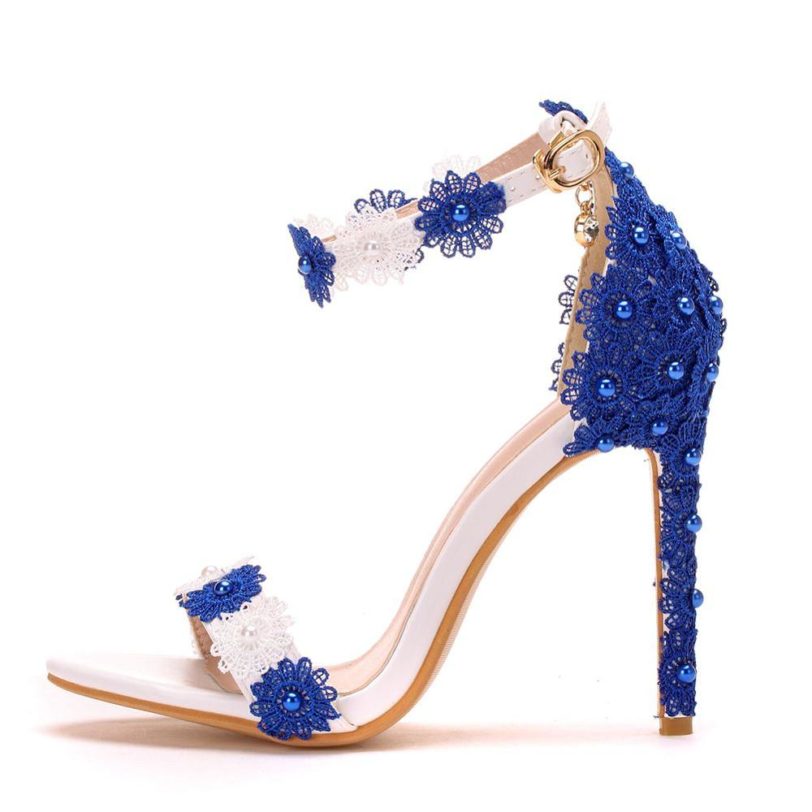 Crystal Queen Women Sandals White and blue Lace Fine High Heels Slender Bridal Pumps Wedding Shoes Peep Toes Buckle Strap - Image 3