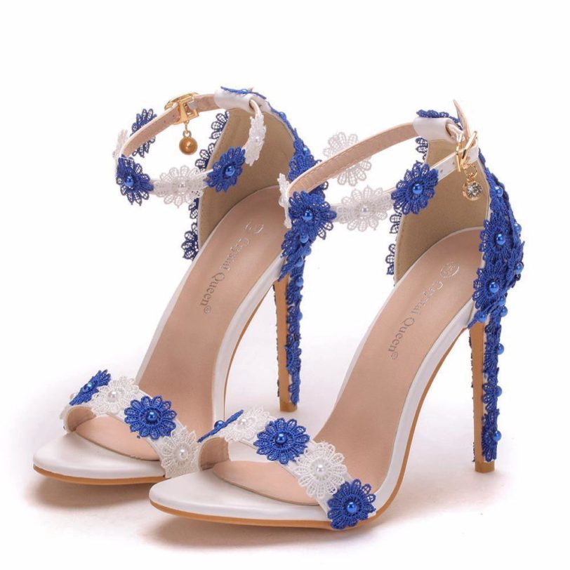 Crystal Queen Women Sandals White and blue Lace Fine High Heels Slender Bridal Pumps Wedding Shoes Peep Toes Buckle Strap - Image 5