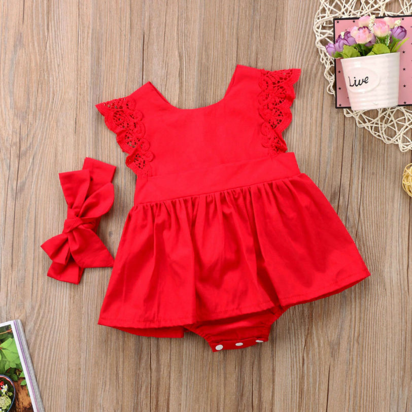 Cute Newborn Rompers Christmas Todder Infant Baby Girl Ruffle Red Lace Romper Dress Sister Princess Party Dresses for 0-24M - Image 2