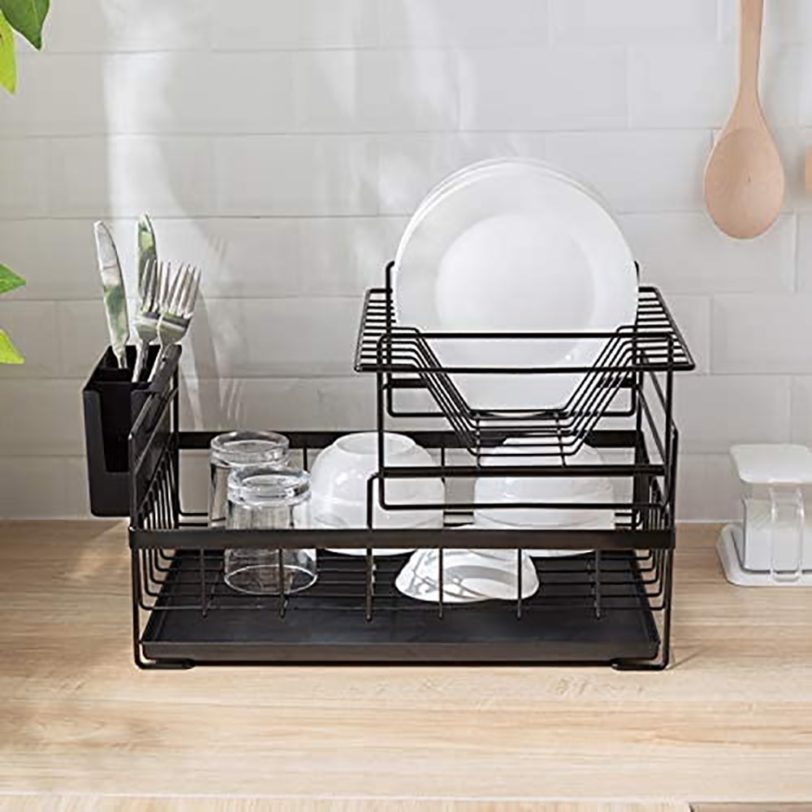 Dish Drying Rack with Drainboard Drainer Kitchen Light Duty Countertop Utensil Organizer Storage for Home Black White 2-Tier - Image 6